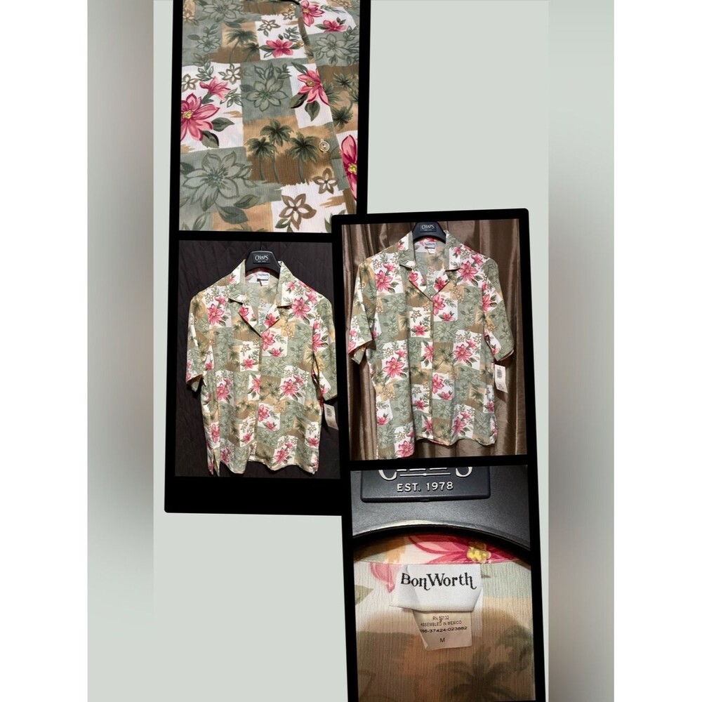 NWT BonWorth Pink Floral Casual Button-Down Camp Shirt p2p22 #2025